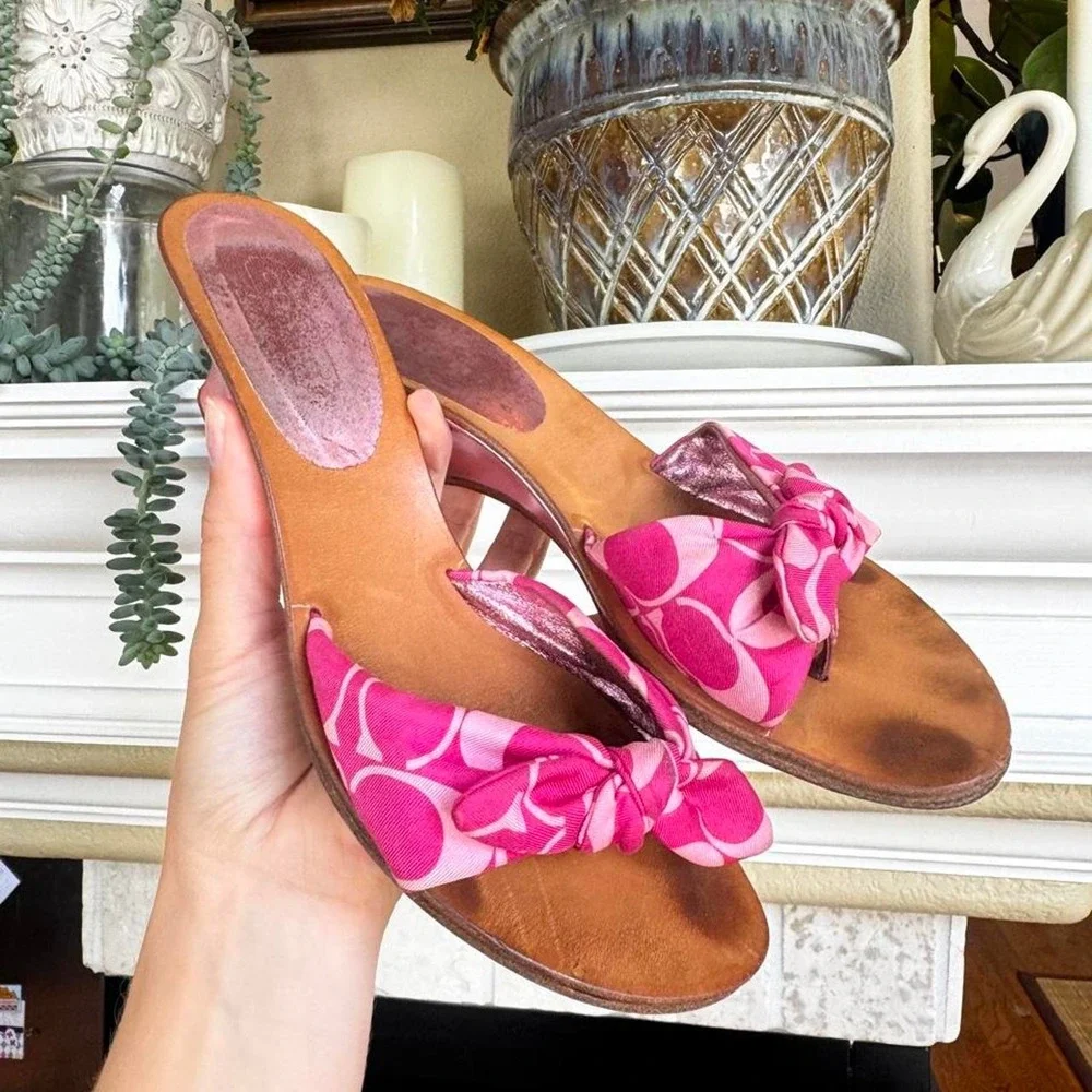 Coach y2K sandal mule kitten heel pink logo bow metallic pink wedge